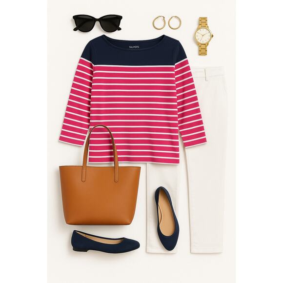 Talbots Cotton Striped Boatneck Top Medium Navy Pink White - Picture 1 of 6